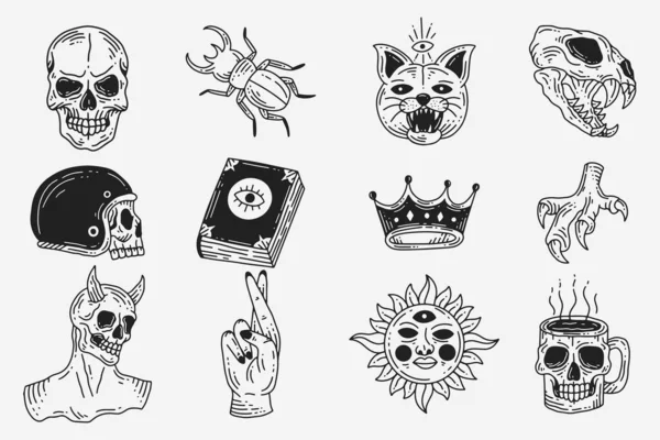 Set Collection Mystical Celestial Dark Holy Simple Minimalism Tattoo Clipart — Image vectorielle
