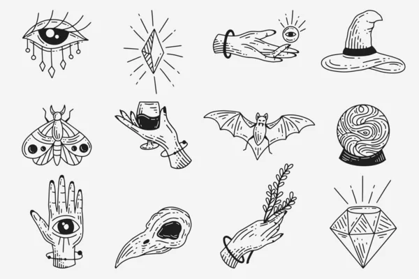 Set Collection Mystical Celestial Dark Holy Simple Minimalism Tattoo Clipart — 图库矢量图片