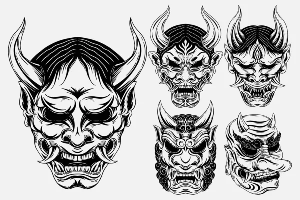 Set Bundle Dark Art Japanese Devil Oni Mask Tattoo Hand — Stock Vector