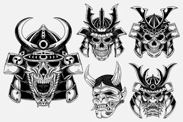 Set Bundle Dark Art Japanese Death Warrior Skull Tattoo Hand — Vettoriale Stock