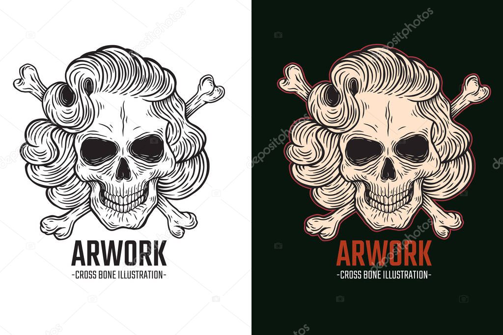 Set Dark illustration Skull Bones Head Hand drawn Hatching Outline Style Mystical Celestial Symbol Tattoo Merchandise T-shirt Merch vintage