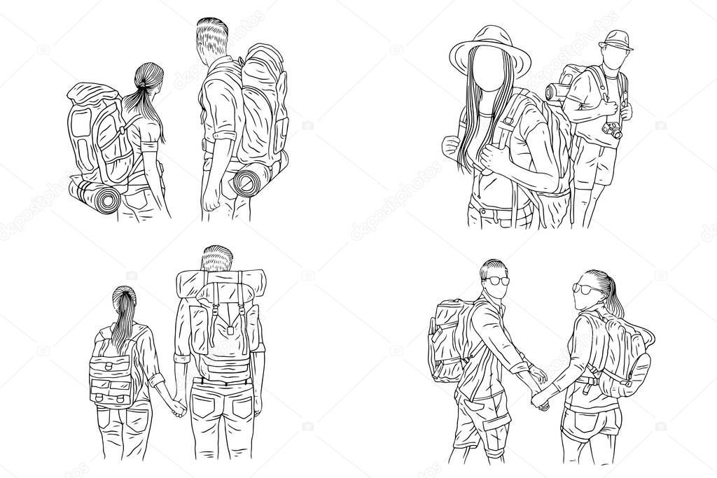 Set Bundle Couple Adventure Explore Trip Mountain Camping Romance Journey Sport Line Art Hand Drawn