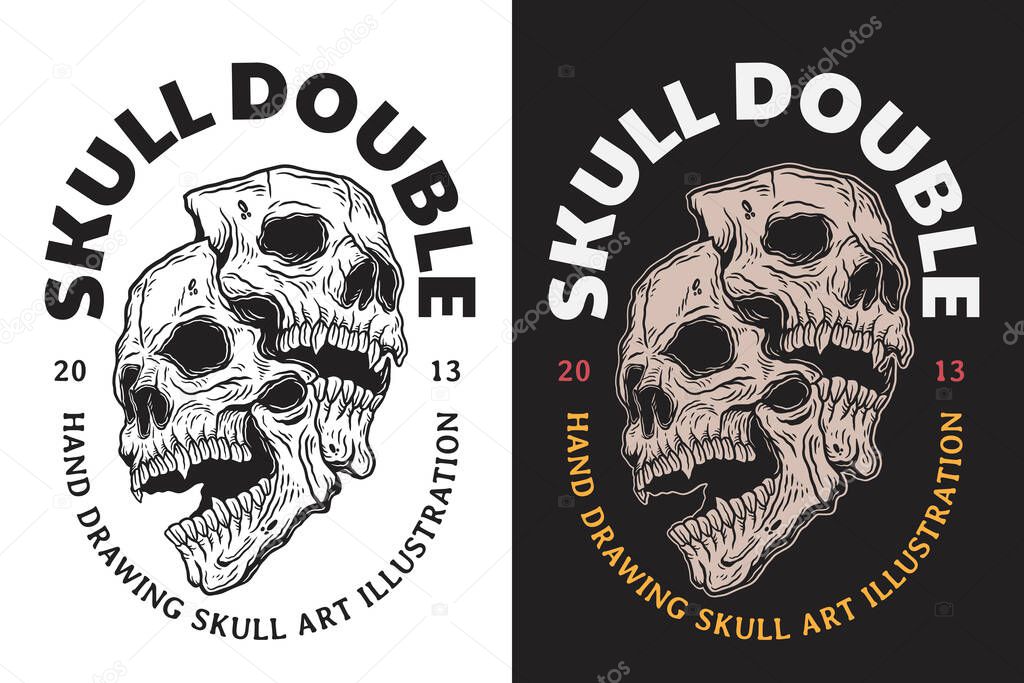 Set Skull Mask Dark illustration Beast Skull Bones Head Hand drawn Hatching Outline Symbol Tattoo Merchandise T-shirt Merch vintage