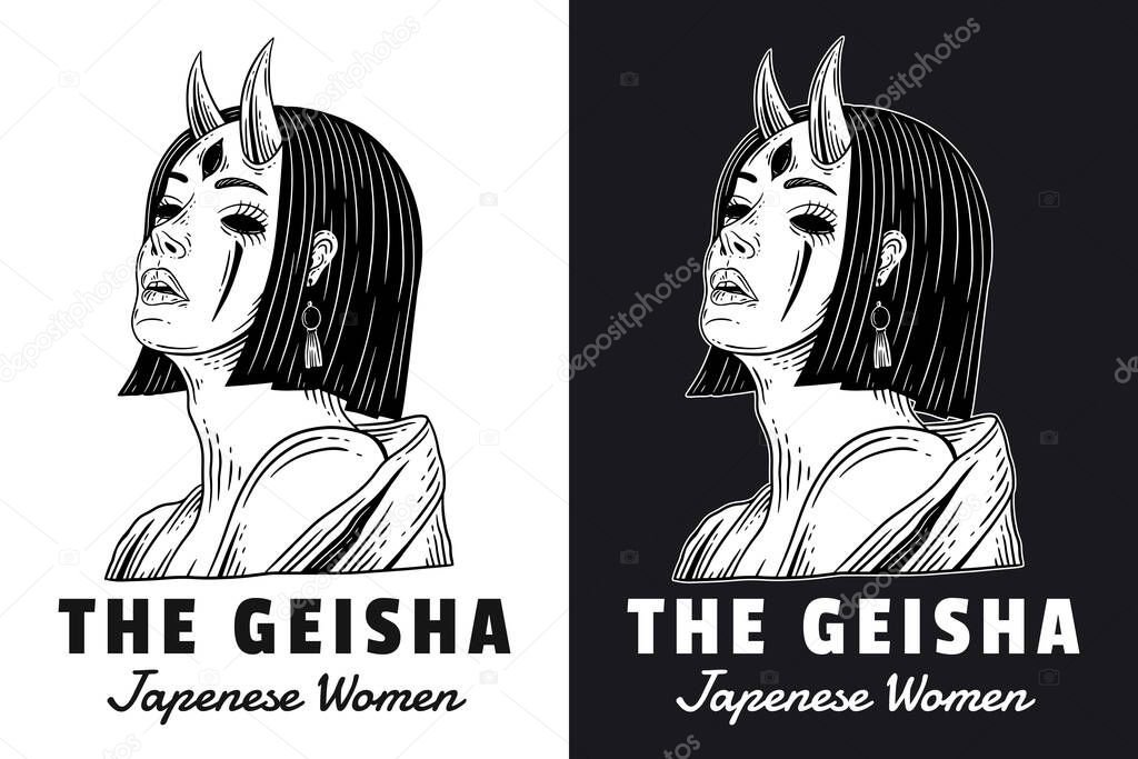 Set Dark Art Women Japanese Geisha Girl Skull Mask Vintage tattoo hand drawn engraving style
