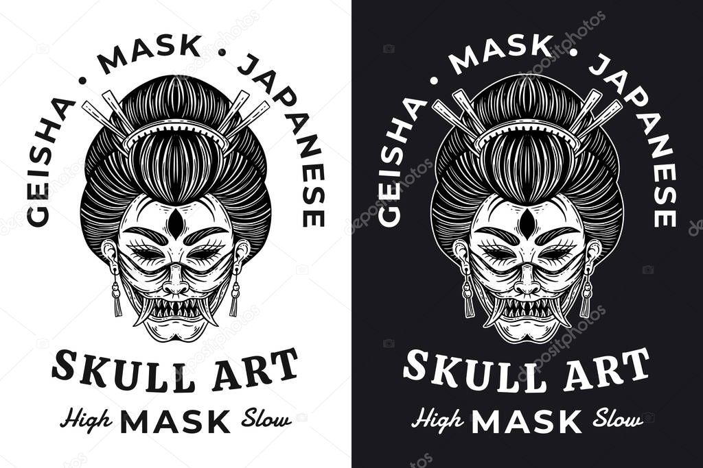 Set Dark Art Women Japanese Geisha Head Skull Mask Vintage tattoo hand drawn engraving style