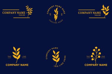 Minimalist Golden Leaf Leaves Tropical Logo Collection Style Dark Blue Background.