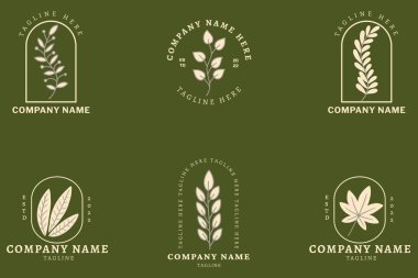 Minimalist Gray Leaf Leaves Tropical Logo Collection Template Style Dark Green Pastel Background.