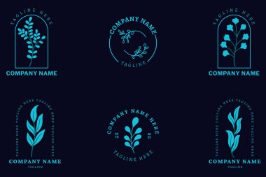 Minimalist Light Blue Leaf Leaves Tropical Logo Collection Style Darkness Blue Background.