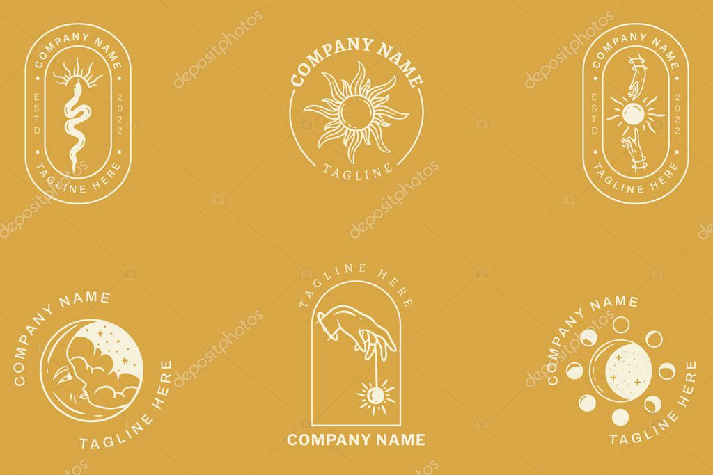 Mystical Light White Collection Minimalist Symbol Logo Template Vintage Yellow Pastel Style Background.