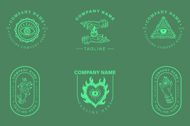 Minimalist Logo Light Green Templates Set Mystical Collection On Green Background.
