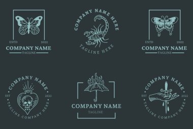 Mystical Greenish Blue Logo Minimalist Symbol Collection Dark Pastel Style Background.