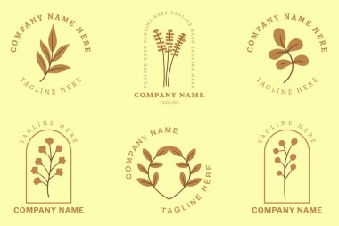 Minimalist Turuncu Yaprak Tropikal Logo Koleksiyonu Biçimli Pastel Sarı Arkaplan Yaprakları.