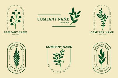 Minimalist Koyu Yeşil Yaprak Tropikal Logo Koleksiyonu Biçimli Krem Pastel Arkaplanı Yapıyor.