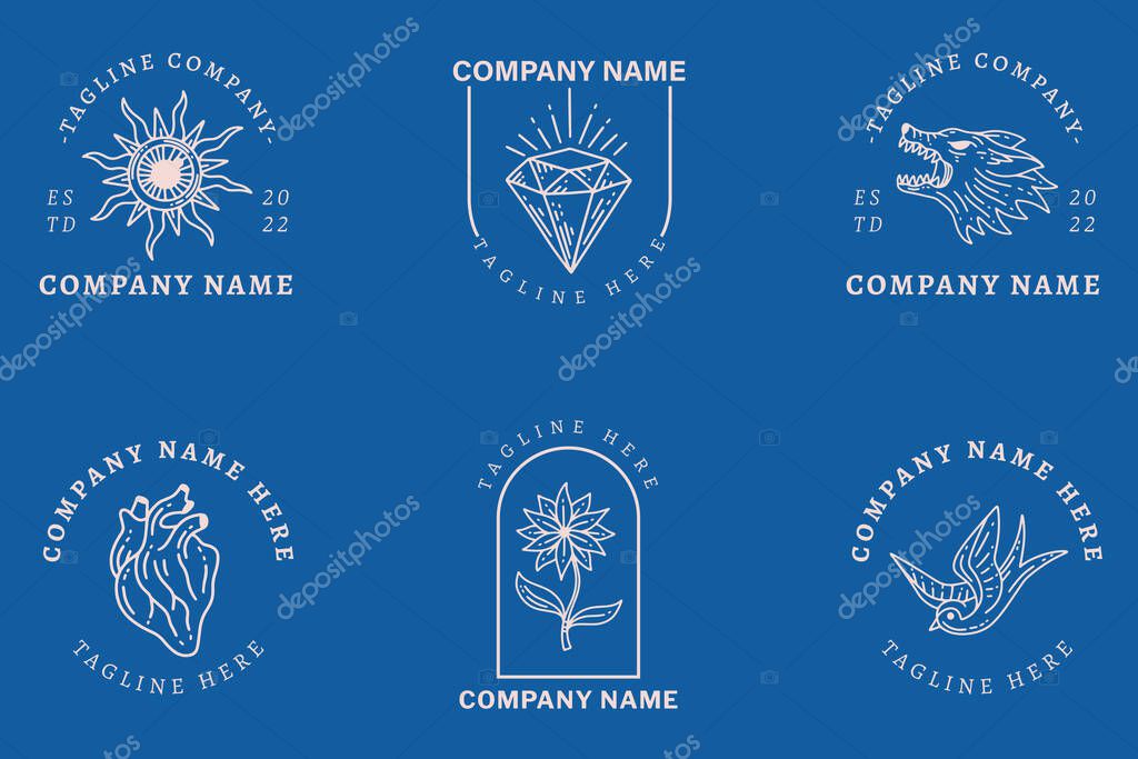 Minimalist Mystical Simple Logo Symbol Collection Template Dark Blue Background.