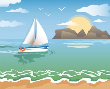 Flocks with white sails in the open ocean. Beach, waves, sun, mountains. Illustration