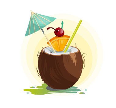Cocktail in coconut. Umbrella, tube, orange, cherry, coconut. Summer beach illustration