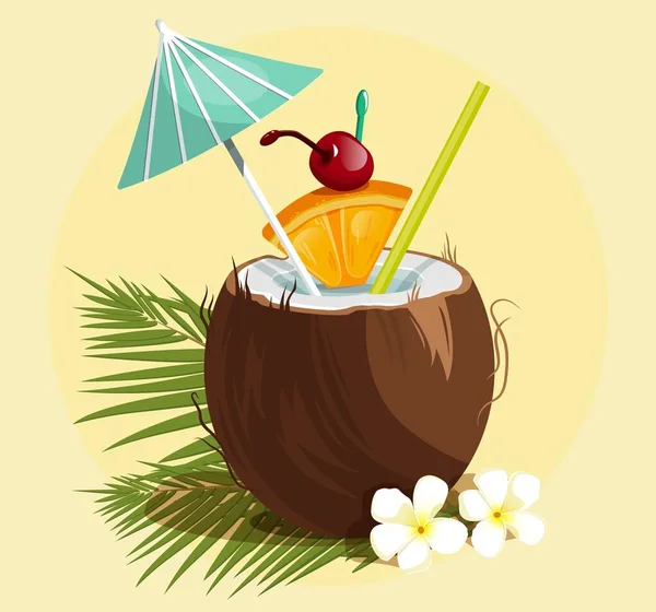 Summer Coconut Cocktail Palm Flowers Orange Coconut Vector Illustration — ストックベクタ