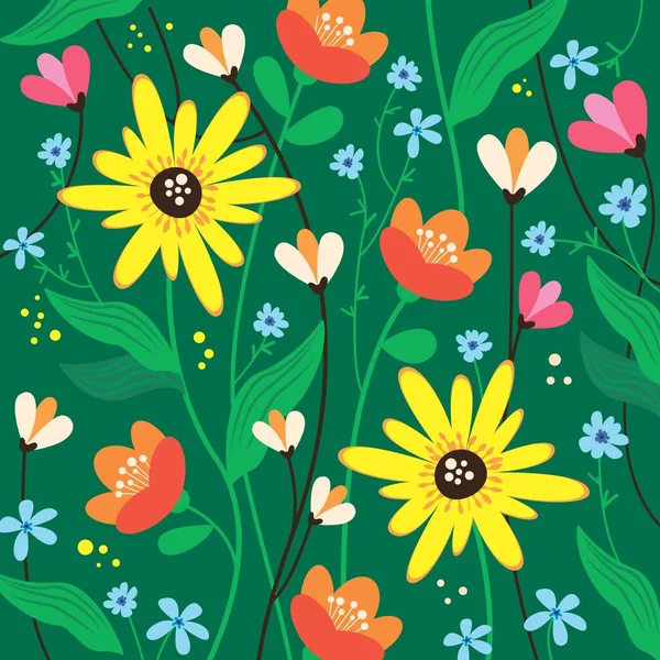 Garden colorful flowers, plants, botanical seamless pattern on green background. Illustration