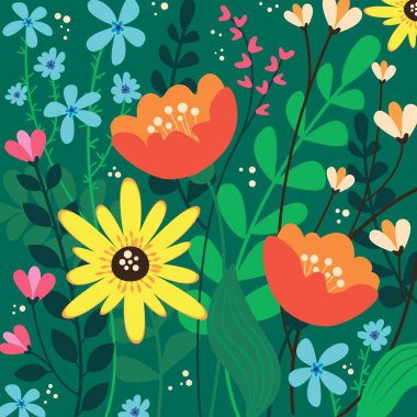 Garden flowers, plants, seamless patterns for fashion, fabric, wallpaper and all prints on green background. Vector illustration