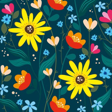 Seamless pattern of flowers on a dark blue background. Illustration