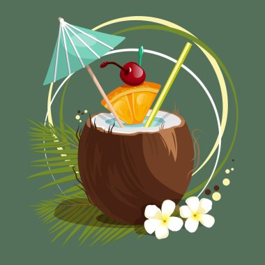 Summer cocktail with orange, cherry and umbrella on a green background. Illustration