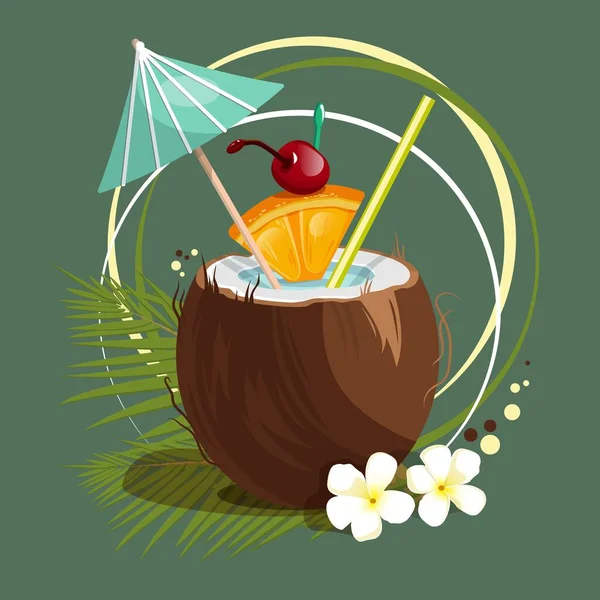 Summer Cocktail Orange Cherry Umbrella Green Background Illustration — Stock Vector