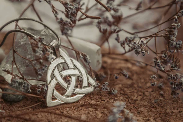 Kuru çiçeklerdeki ahşap bir masada gümüş bir triquetra kolye.