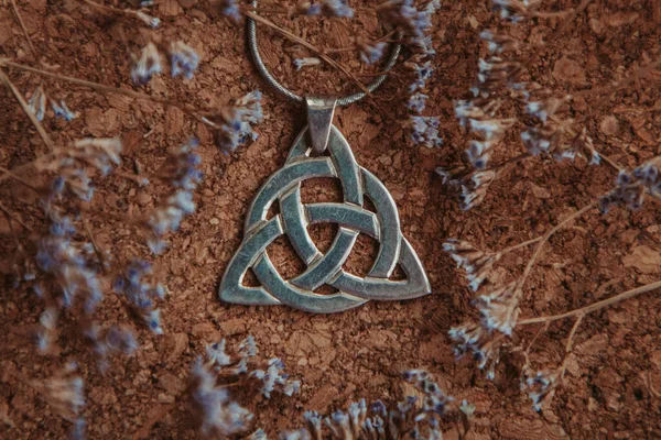 Kuru çiçeklerdeki ahşap bir masada gümüş bir triquetra kolye.