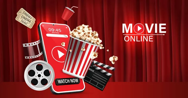 Online Cinema Movie Watching Concept Online Cinema Movie Watching Popcorn — Stock Vector
