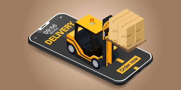 Aplikasi Pelacak Paket Forklift Kuning Dengan Kotak Kargo Ada Ponsel - Stok Vektor