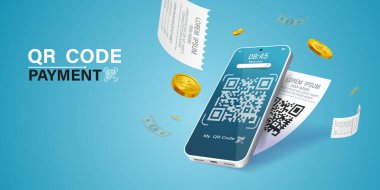 Qr kodunu tara ve cep telefonu ile öde. Mobil tarama QR kod kodu mavi arka plandaki fatura üzerine ödeme faturası. Uygun ve hızlı cep telefonu ödeme konsepti. Çevrimiçi işlemler, ödeme, uygulama ile birlikte