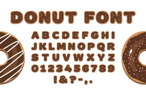 Fonte Donut Chocolat Lettres Chiffres Donut Glacé Alphabet Beignet — Image vectorielle