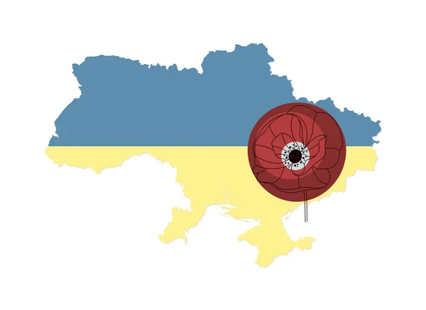 Карта України Червоною Квіткою Поппі Жовтий Синій Український Прапор — стоковий вектор