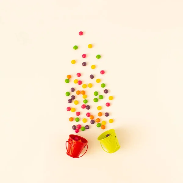 Creative Layout Green Red Buket Colorful Candies White Aesthetic Miniamal — Stock Photo, Image