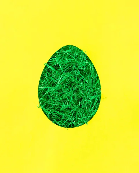 Creative Easter Egg Shape Made Green Grass Yellow Background Minimal — Stock Photo, Image