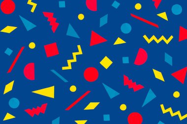 Mavi arka planda canlı renkli kağıttan yapılmış yaratıcı geometrik şekiller. Soyut, kusursuz tasarım. Retrodalga konsepti. Pop sanat.