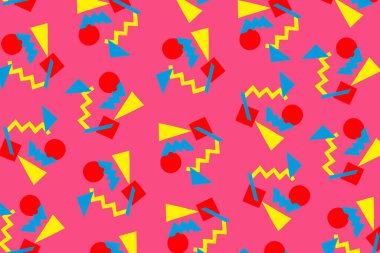 Pembe arka planda canlı renkli kağıttan yapılmış yaratıcı geometrik şekiller. Soyut, kusursuz tasarım. Retrodalga konsepti. Pop sanat.