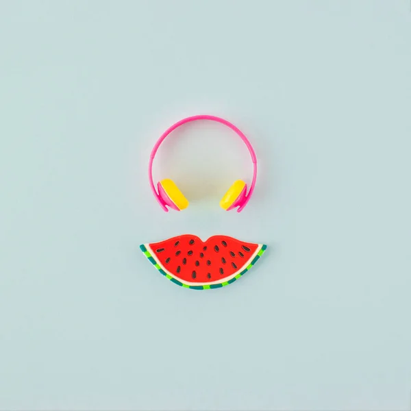 Artistic View Made Pink Headphones Mouth Shaped Watermelon Pastel Blue — Stock Photo, Image