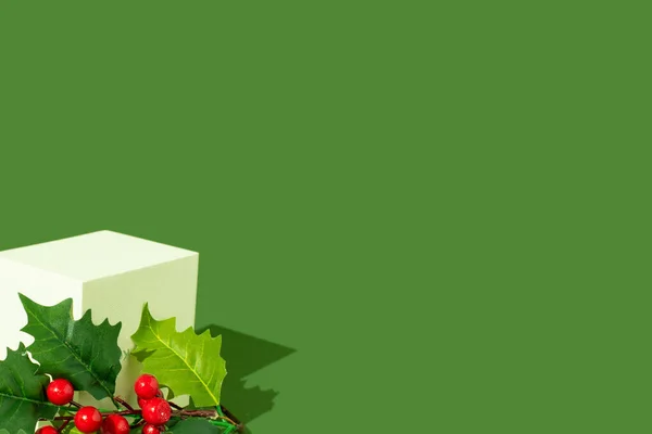 Белая Подарочная Коробка Ягодная Ветвь Фоне Грина Традиционная Рождественская Концепция — стоковое фото