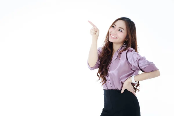 Beautiful Asian Woman Smiling Happily Self Confidence Pose Pointing Finger — Stock fotografie