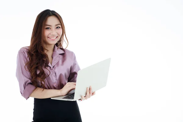 Beautiful Young Woman Casual Work Clothes Holds Laptop Computer Smiles — 图库照片