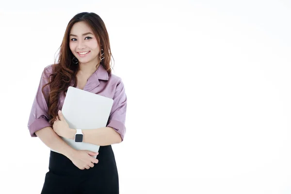 Beautiful Young Woman Casual Work Clothes Holds Laptop Computer Smiles — 图库照片