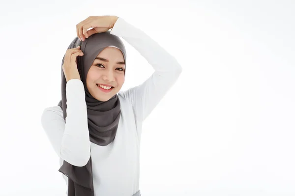 Portrait Beautiful Asian Muslim Woman Modern Personality Looks Cheerful Friendly - Stock-foto