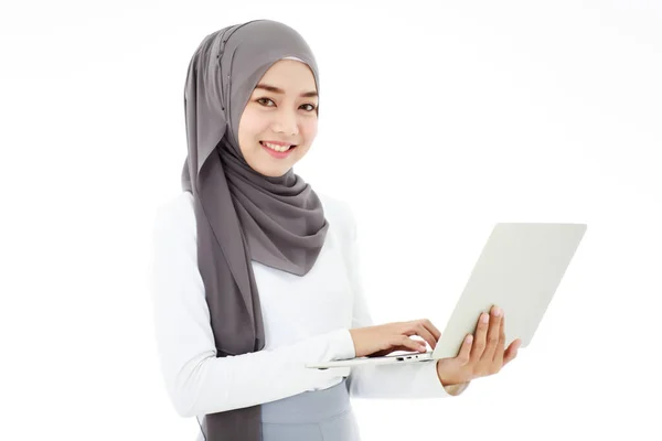 Young Beautiful Asian Islamic Businesswoman Holding Tablet Computer Hand White — Stock fotografie