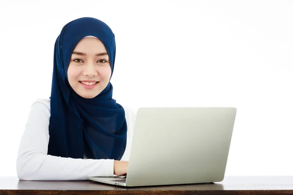 Beautiful Smiling Friendly Woman Enthusiasm Operating Tablet Computer White Background — Stok fotoğraf