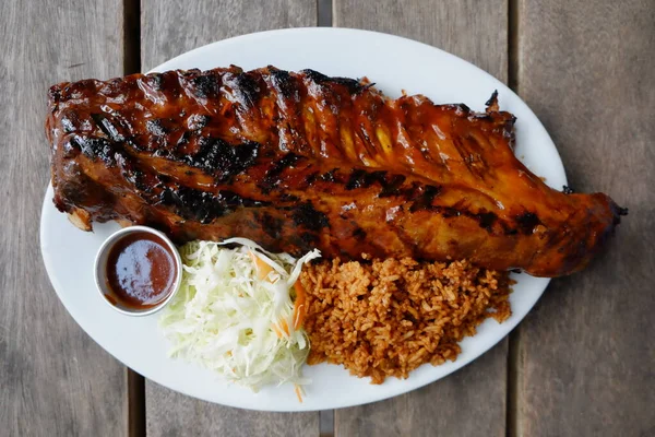 House Classic Ribs Chicken Rice Dish Top View Grey Background — ストック写真