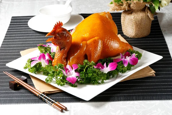 Fresh Wenchang Chicken in a dish isolated on grey background side view of Hong kong food