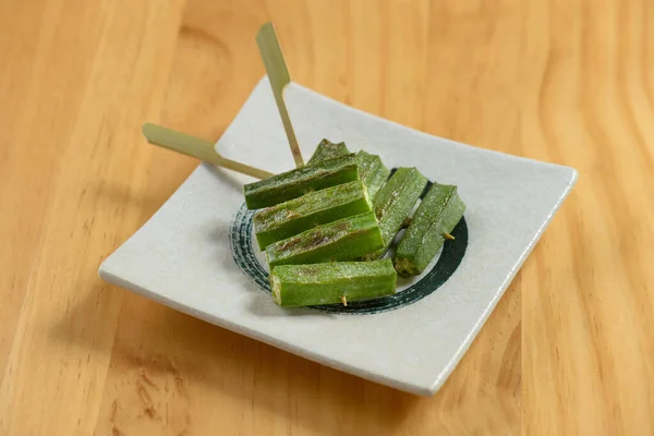 Japanese Food Okra White Tray Isolated Wooden Table Top View — Stock Photo, Image