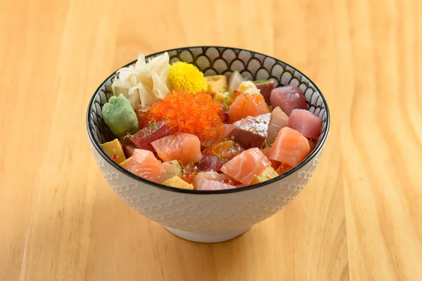 Japanese Cuisine Ultimate Bara Chirashi Rice Fish Bowl Isolated Wooden — Stock Photo, Image