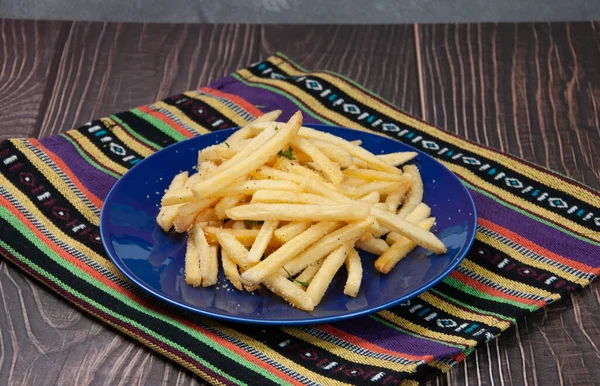 Parmesan Fries Served Dish Isolated Napkin Side View Dark Background — Fotografia de Stock